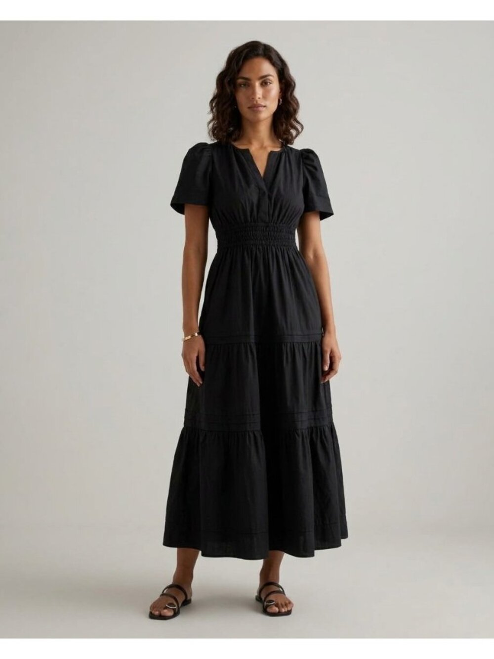 Quince Organic Cotton Poplin Tiered Maxi Dress Smocked Small Black Pockets
